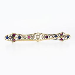 Antique Victorian 14k Gold & Platinum GIA Old Sapphire Ruby Diamond Long Bar Pin