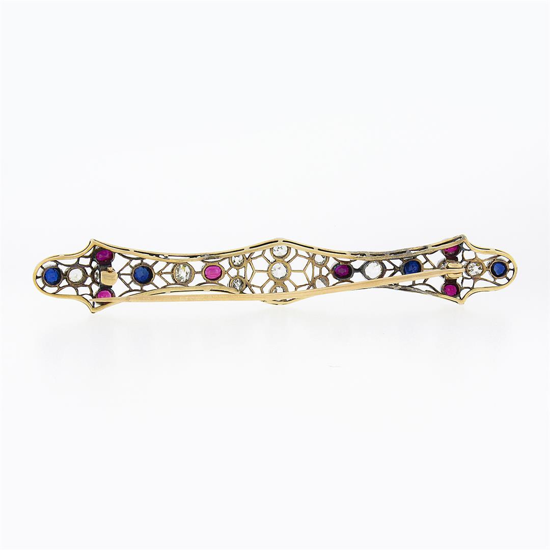 Antique Victorian 14k Gold & Platinum GIA Old Sapphire Ruby Diamond Long Bar Pin