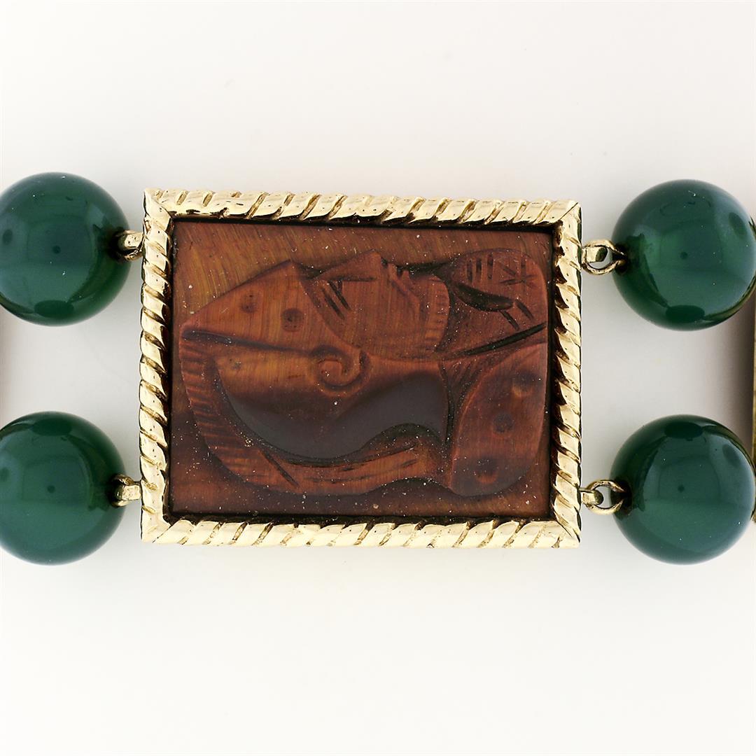 Lucien Piccard 14K Gold Carved Tigers Eye Trojan Green Chalcedony Beads Bracelet