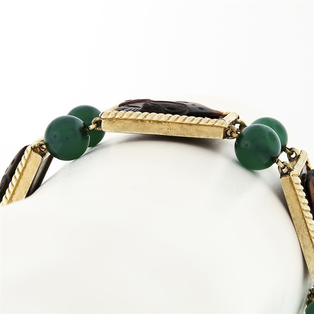 Lucien Piccard 14K Gold Carved Tigers Eye Trojan Green Chalcedony Beads Bracelet