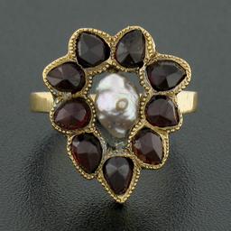 Antique 14k Yellow Gold Baroque Pearl w/ 1.80 ctw Bezel Garnet Teardrop Halo Rin