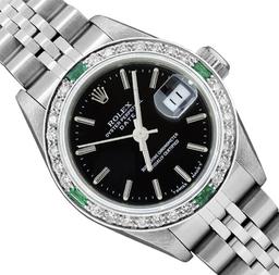 Rolex Ladies Quickset Stainless Steel Black Dial 18K Diamond And Emerald Bezel D