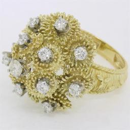 QUALITY Vintage 18K Gold 1.30 ctw Diamond Tiered Textured Cluster Cocktail Ring