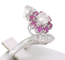 14k White Gold 1.10 ctw Diamond & Ruby Ladies Crossover FINE Cocktail Ring