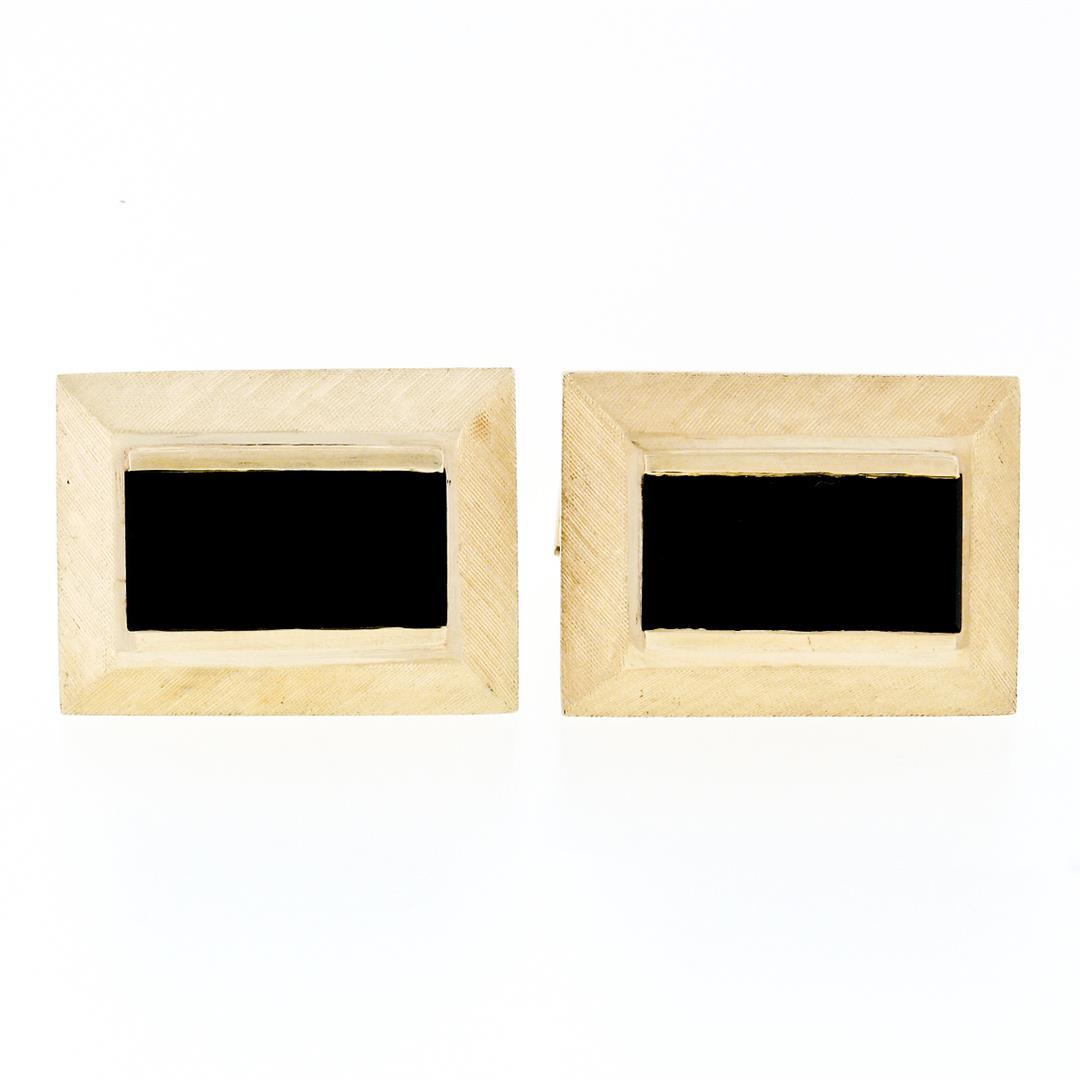 Large Vintage 14k Yellow Gold Flat Rectangular Black Onyx Florentine Cuff Links