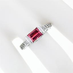 18k White Gold 2.05 ctw Emerald Cut Pink Tourmaline & Round Diamond Band Ring