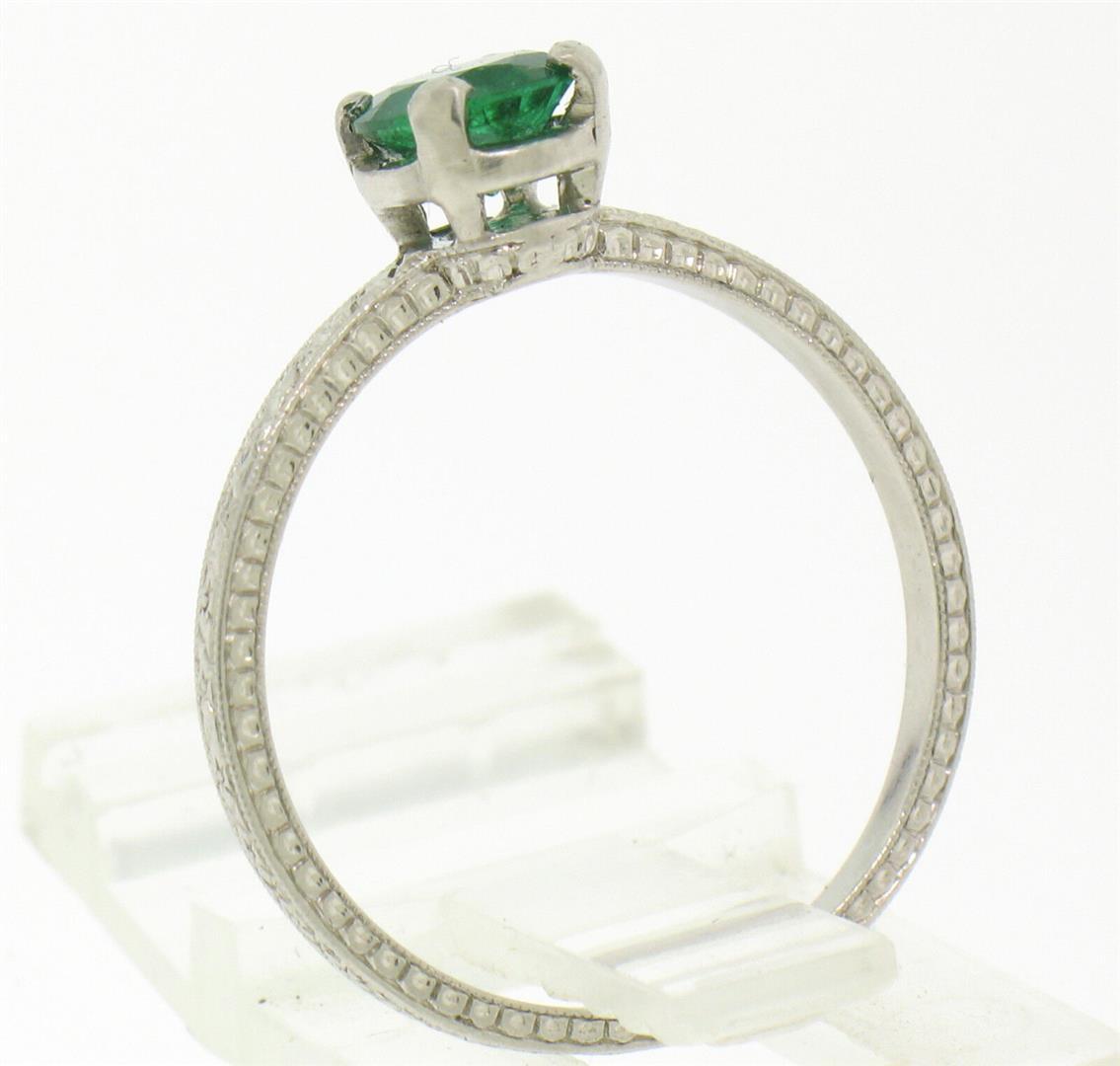 Vintage Platinum Etched Petite QUALITY .51 ctw Emerald Solitaire Ring Engagement