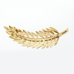 Vintage 14K Yellow Gold Seed Pearl Brushed Finish Long Feather Leaf Brooch Pin