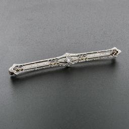 Antique Krementz Edwardian Platinum Top 14k Gold Diamond Etched Bar Pin Brooch