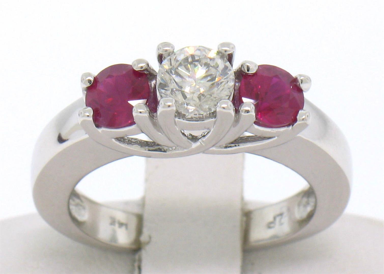 14k White Gold 3 Stone Engagement Ring w/ Ctr Round Diamond & 2 Blood Red Rubies