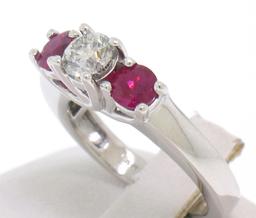 14k White Gold 3 Stone Engagement Ring w/ Ctr Round Diamond & 2 Blood Red Rubies