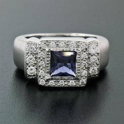 14K White Gold 1.65 ctw Princess Iolite Bezel Solitaire Diamond Halo Brushed Rin