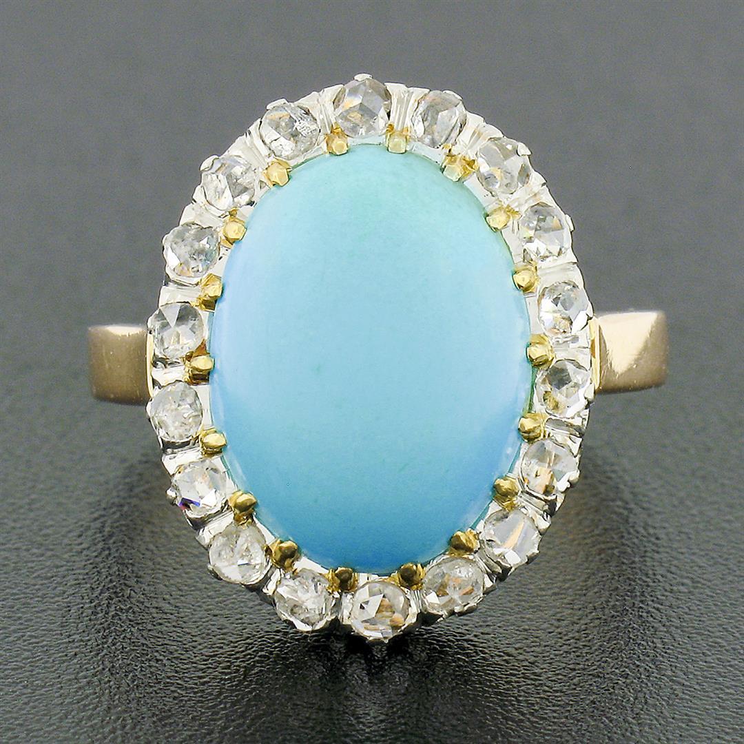 Antique 18k Rosy Gold Platinum Oval Cabochon Persian Turquoise Diamond Halo Ring