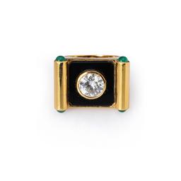 Large 18k Yellow Gold Moissanite & Emerald Ring by Carlo Rici