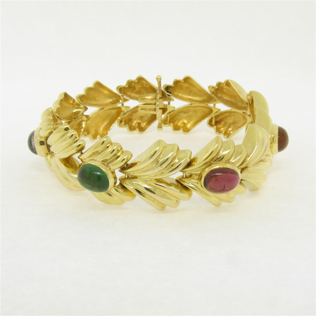 14k Yellow Gold 6.81 ctw Multi Gemstone Ribbed Wide Leaf Chain Bracelet