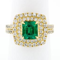 18K Gold 2.72 ctw GIA Fine Emerald & Double Halo Diamond Statement Cocktail Ring