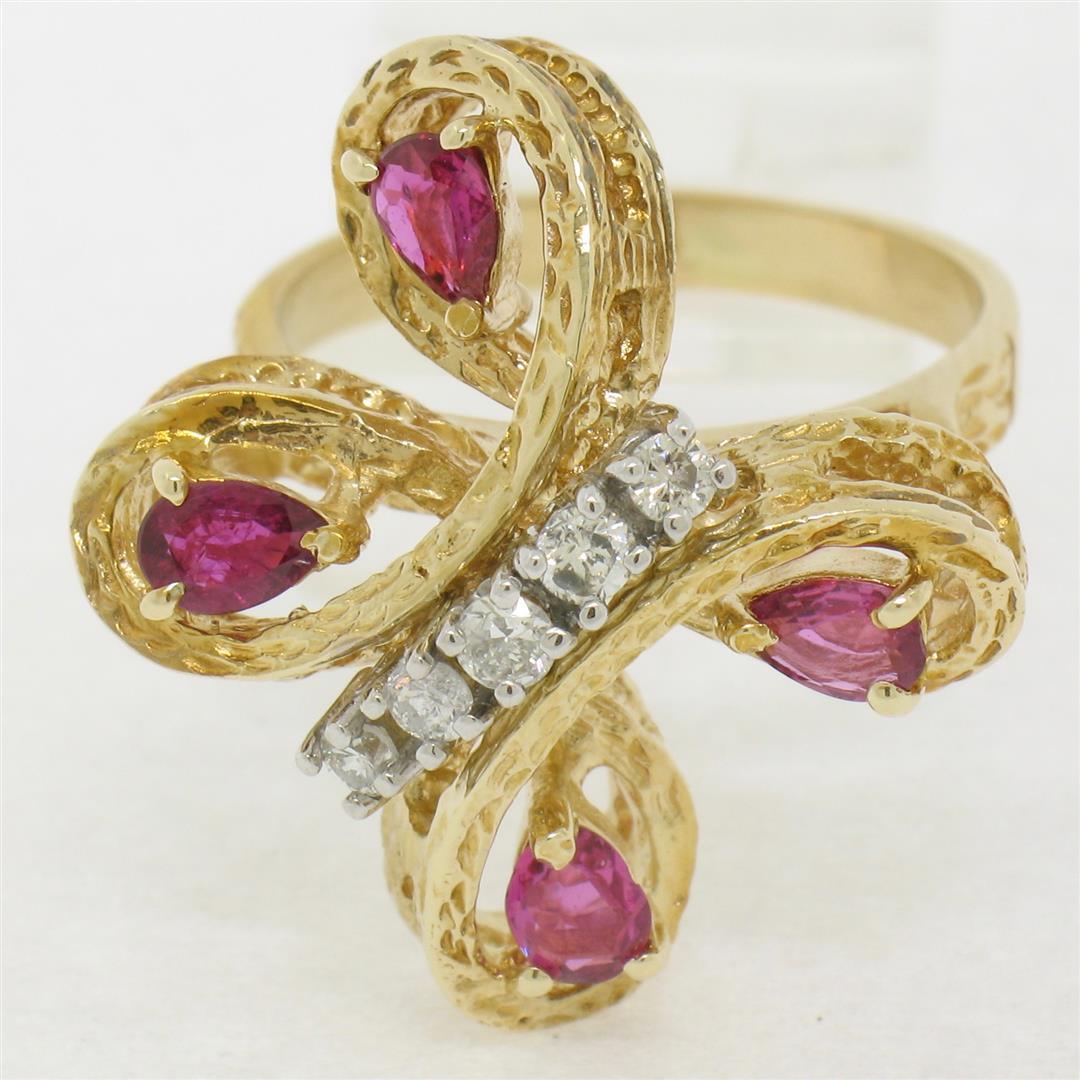 Vintage Detailed 14k Yellow Gold 1.35 ctw Pear Ruby Round Diamond Open Butterfly