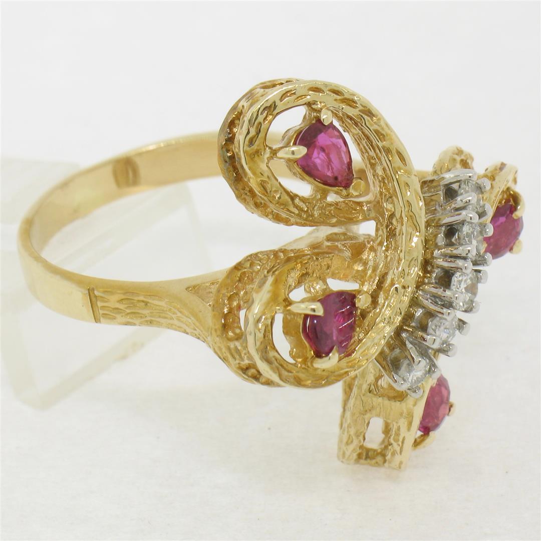 Vintage Detailed 14k Yellow Gold 1.35 ctw Pear Ruby Round Diamond Open Butterfly