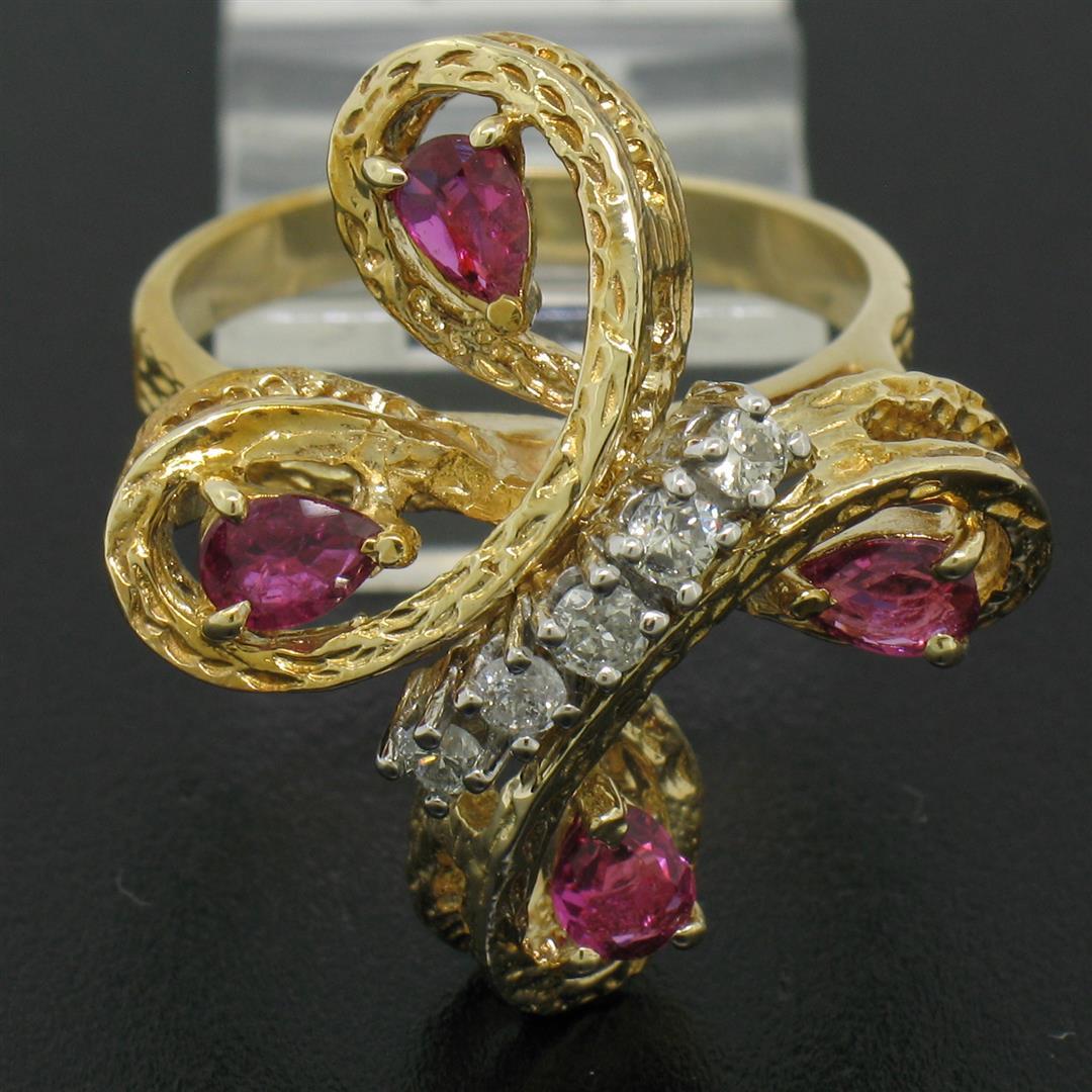 Vintage Detailed 14k Yellow Gold 1.35 ctw Pear Ruby Round Diamond Open Butterfly