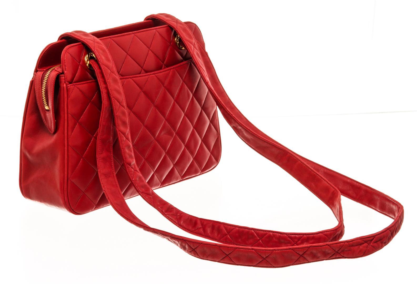 Chanel Red Lambskin CC Front Pocket Shoulder Bag