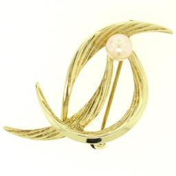 German Solid 14k Yellow Gold 5.9mm Round Cultured Pearl Textured Bird Brooch Pin