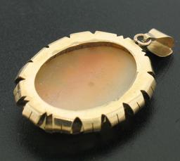 Antique Victorian 14k Gold Hand Carved Shell Oval Cameo Pendant w/ Curled Frame