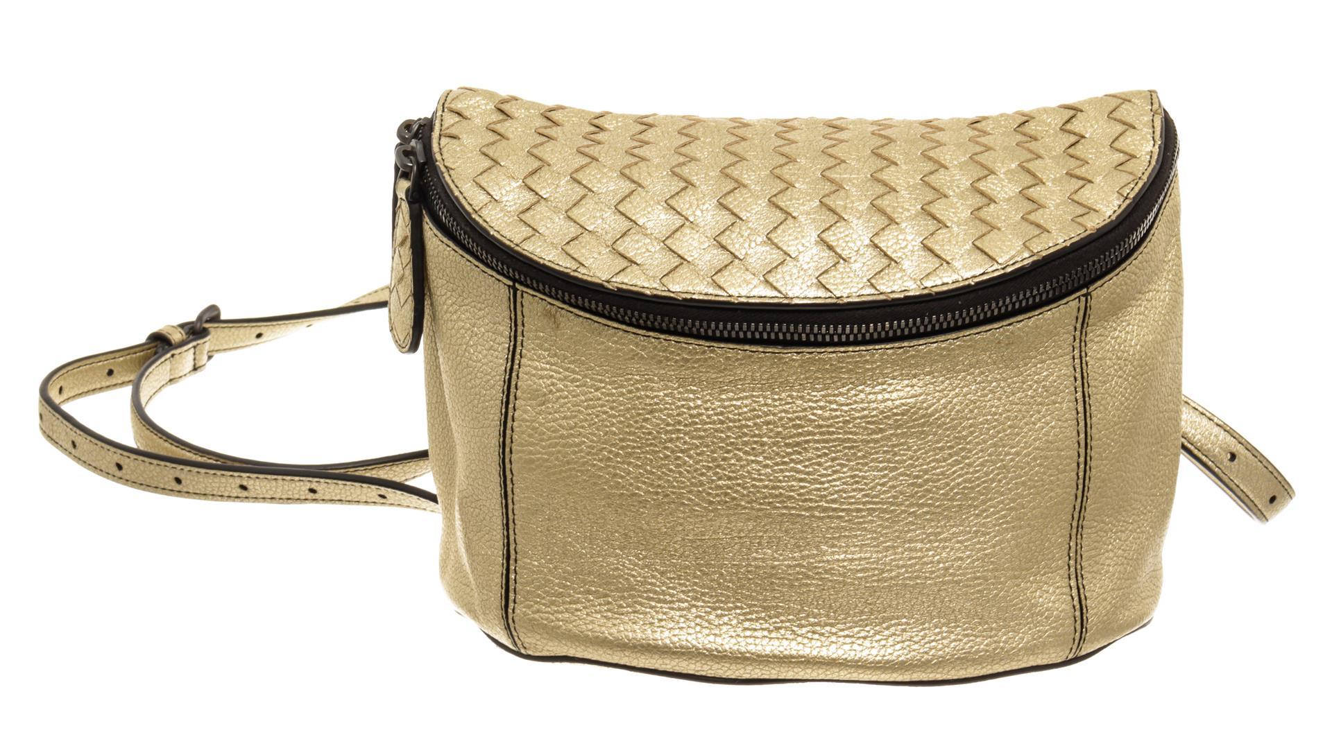 Bottega Veneta Gold Metallic Top Zip Shoulder Bag