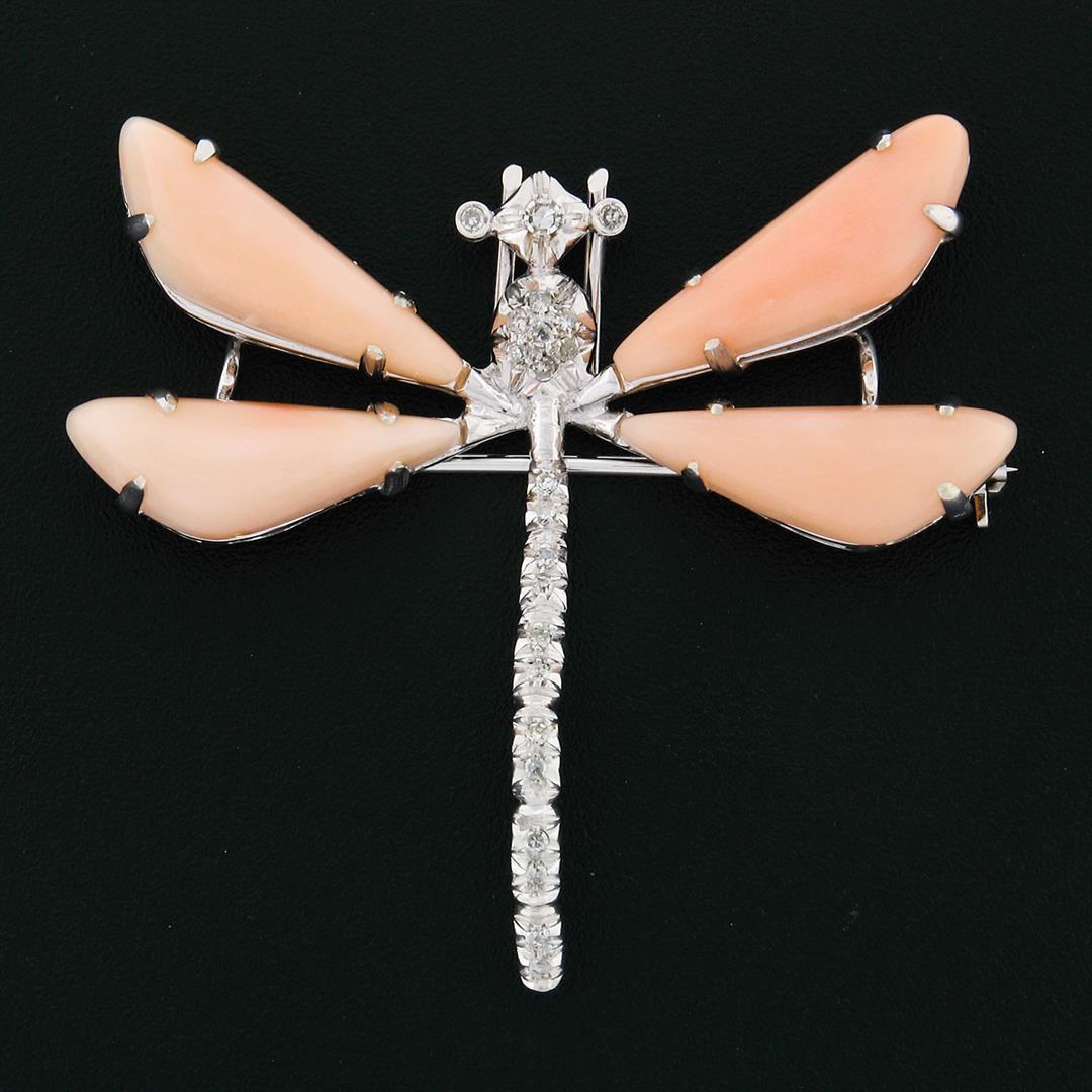 Vintage 18K White Gold Custom Cut Coral & 0.25 ctw Diamond Dragonfly Pin Brooch