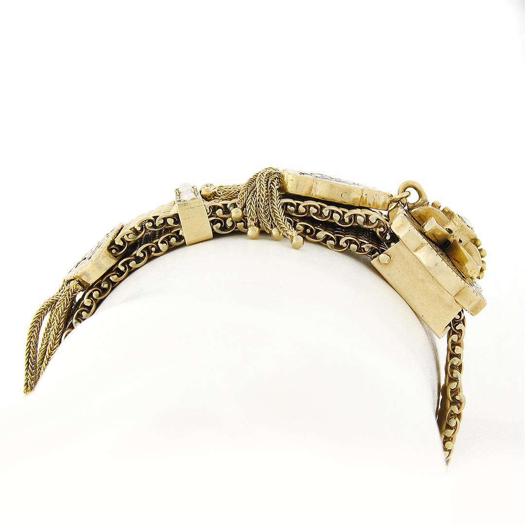 Vintage Victorian Revival 14k Gold Pearl Buckle Tassel Adjustable Mesh Bracelet