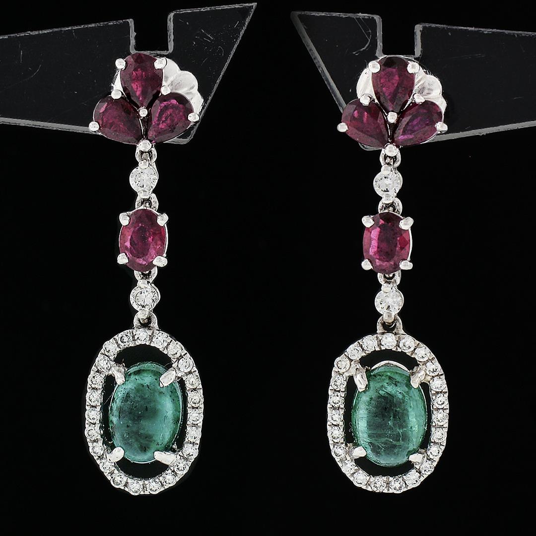 18K White Gold 4.15 ctw Cabochon Emerald w/ Ruby Diamond Halo Drop Dangle Earrin