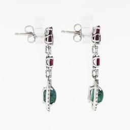 18K White Gold 4.15 ctw Cabochon Emerald w/ Ruby Diamond Halo Drop Dangle Earrin