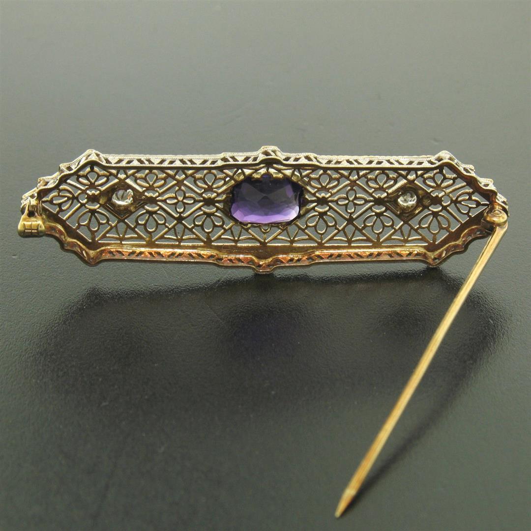 Antique Art Deco 14k Two Tone Gold Amethyst & Old Diamond Etched Filigree Brooch