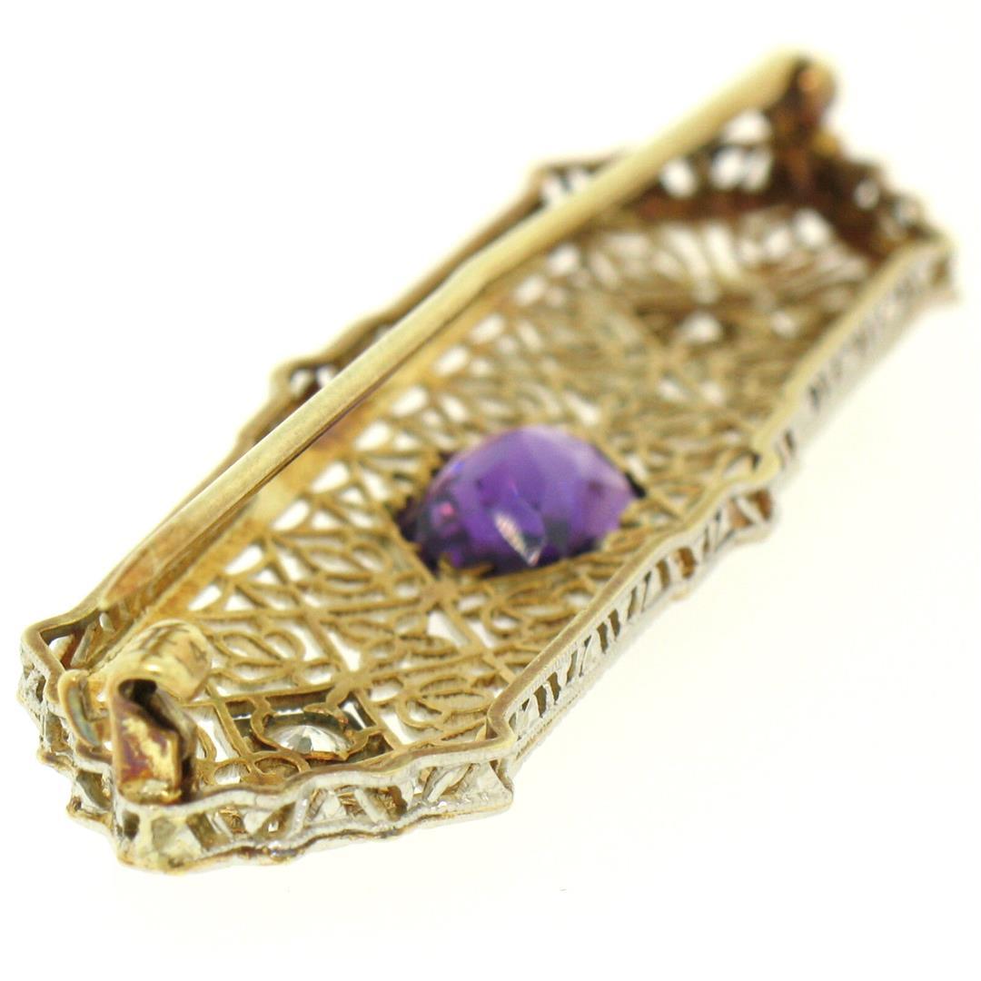 Antique Art Deco 14k Two Tone Gold Amethyst & Old Diamond Etched Filigree Brooch