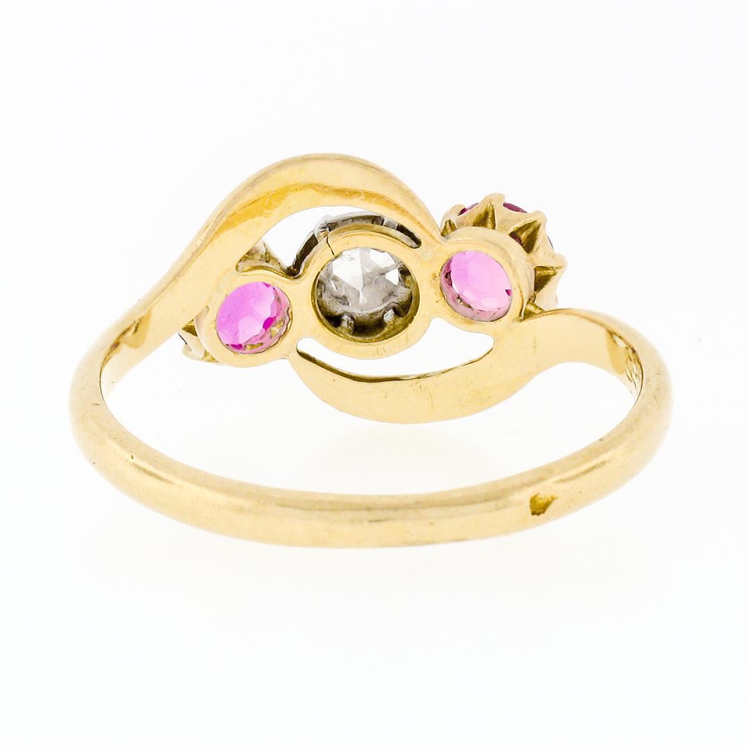 Antique Victorian 18K Gold 1.18 ctw Diamond & European Pink Sapphire 3 Stone Rin