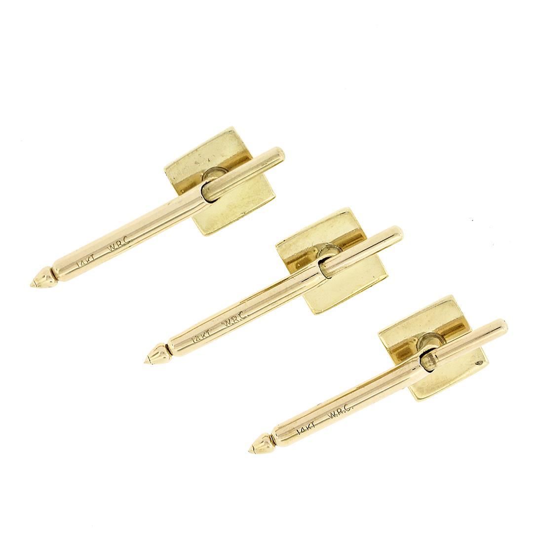 Men's Solid 14k Yellow Gold Grooved Pattern Square Cuff Link & 3 Button Stud Set