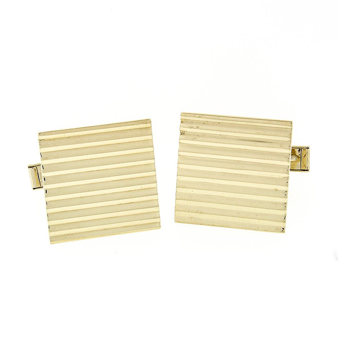 Men's Solid 14k Yellow Gold Grooved Pattern Square Cuff Link & 3 Button Stud Set