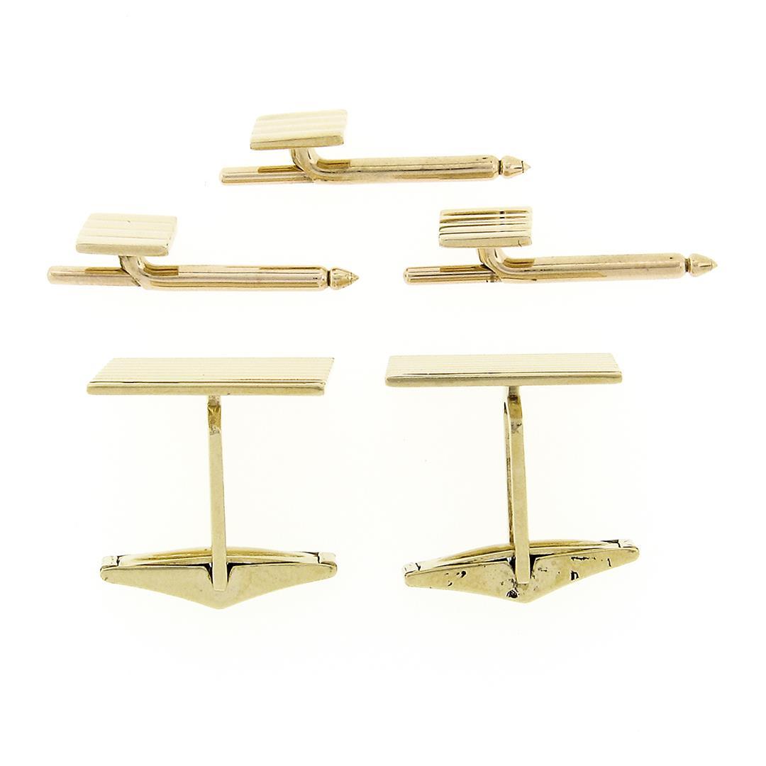 Men's Solid 14k Yellow Gold Grooved Pattern Square Cuff Link & 3 Button Stud Set