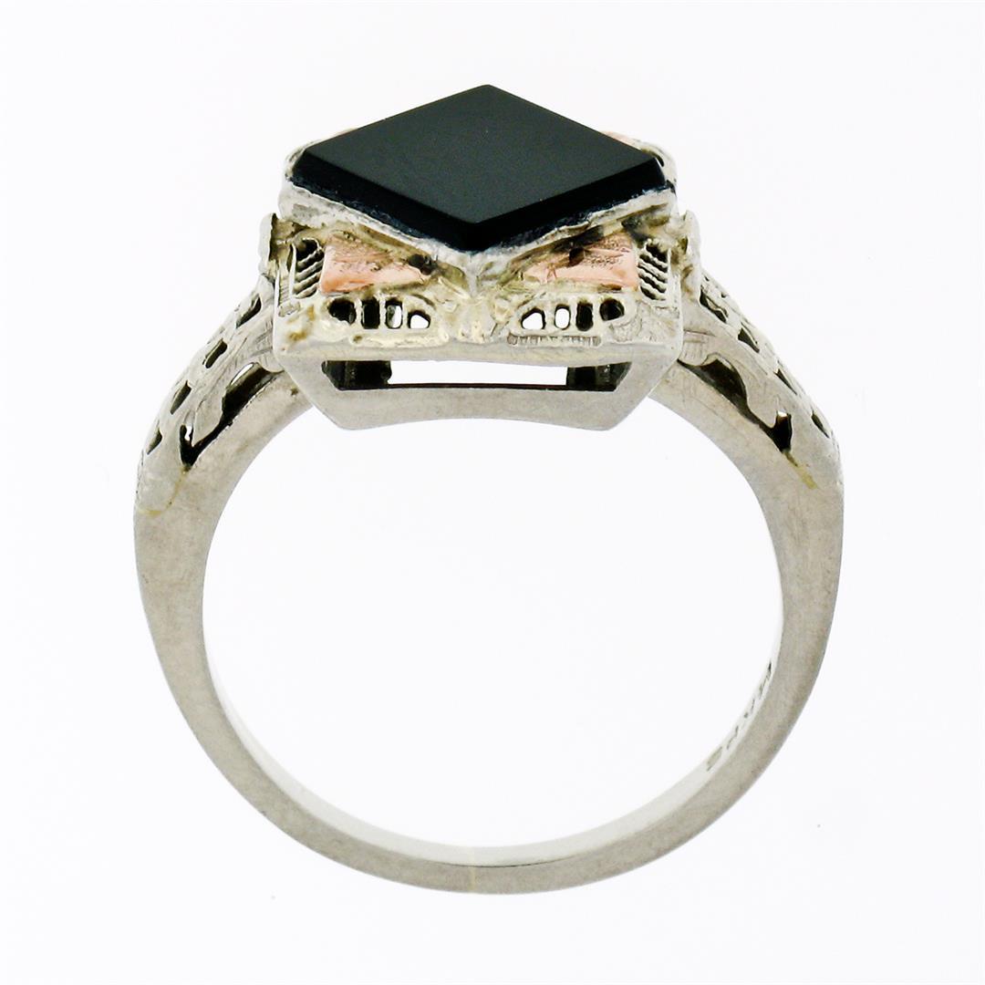 Antique Art Deco 14K White & Rose Gold Black Onyx Etched Milgrain Filigree Ring