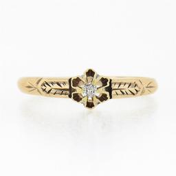 Petite Antique 14K Gold Buttercup Prong Set Diamond Solitaire Hand Engraved Ring