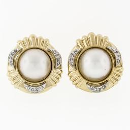 Large 14k Yellow Gold 13.9mm Mabe Pearl & 0.12 ctw Round Diamond Button Earrings