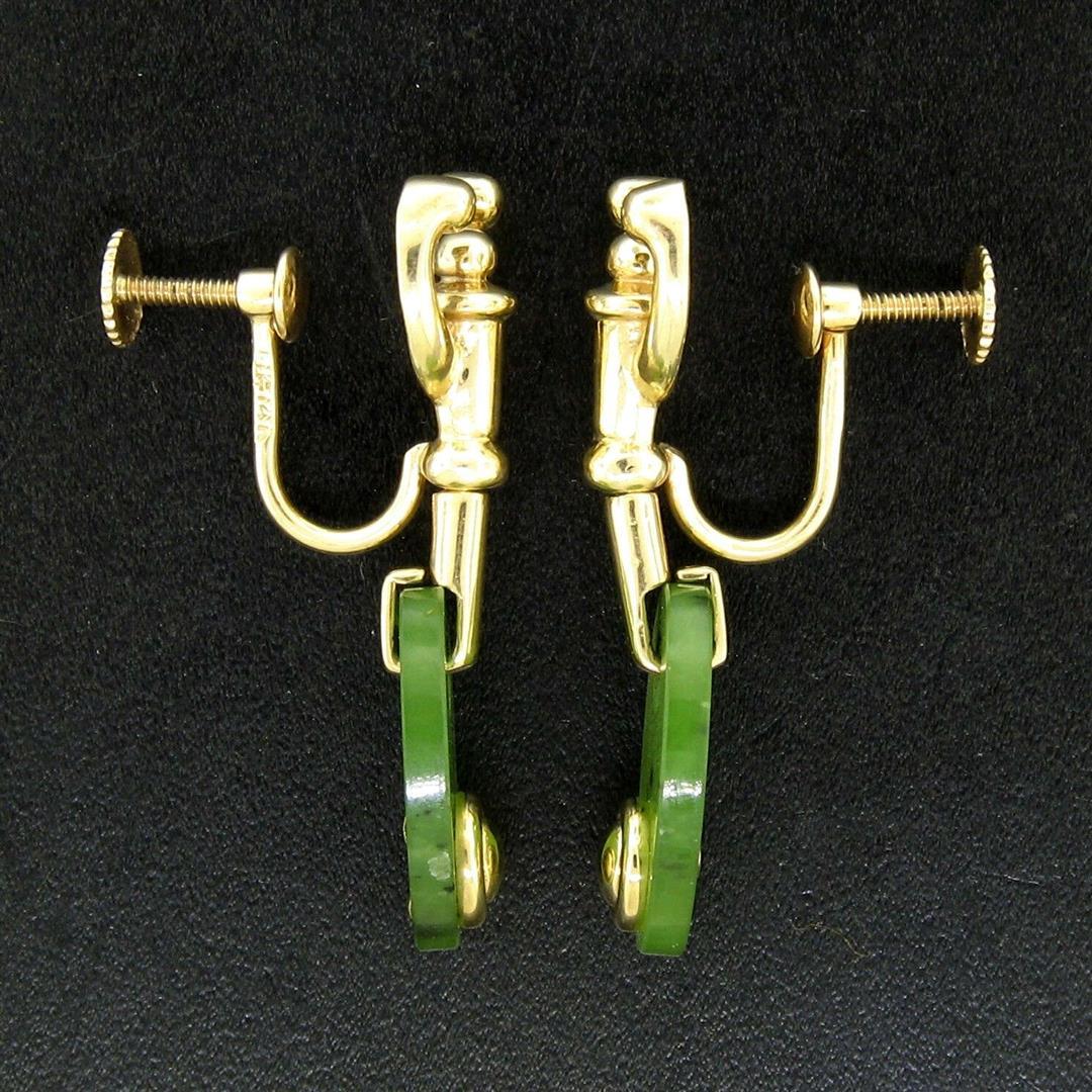 Estate 14k Yellow Gold Oval Disk Jade Screw On Drop Dangle Earrings