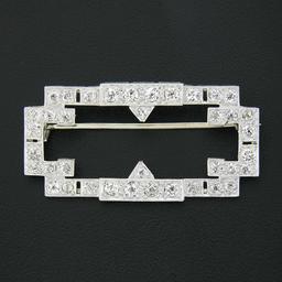 Antique Art Deco Platinum Old Euro & Mine Cut Diamond Open Geometric Brooch Pin