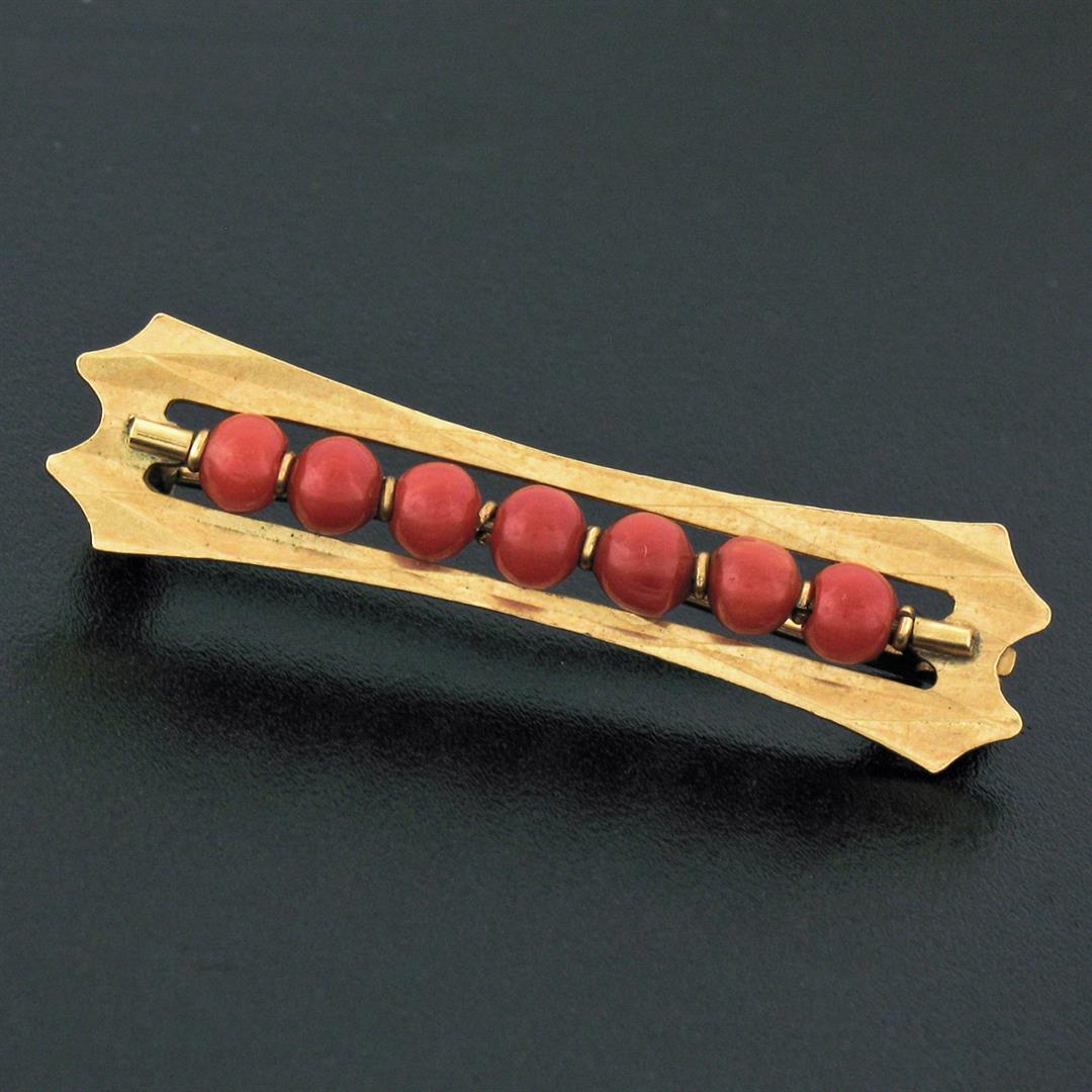 Vintage Italian Faceted 18K Yellow Gold Round Ox Blood Coral Bead Bar Pin Brooch