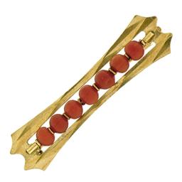 Vintage Italian Faceted 18K Yellow Gold Round Ox Blood Coral Bead Bar Pin Brooch
