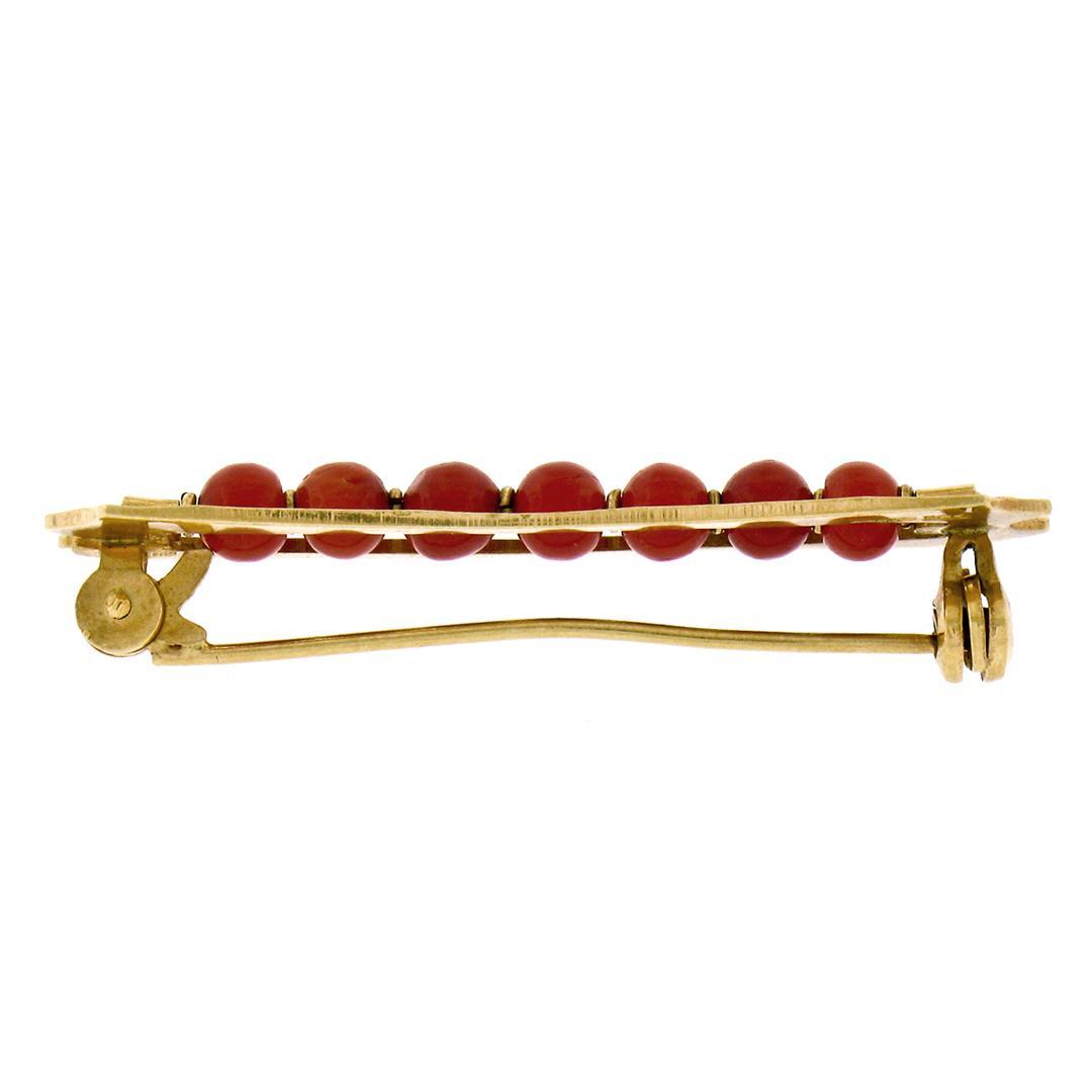 Vintage Italian Faceted 18K Yellow Gold Round Ox Blood Coral Bead Bar Pin Brooch