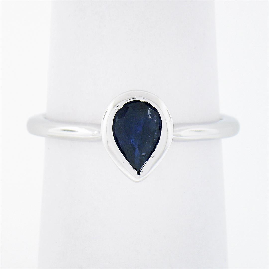 Simple Petite 14k White Gold 0.70 ctw Bezel Pear Dark Blue Sapphire Solitaire Ri