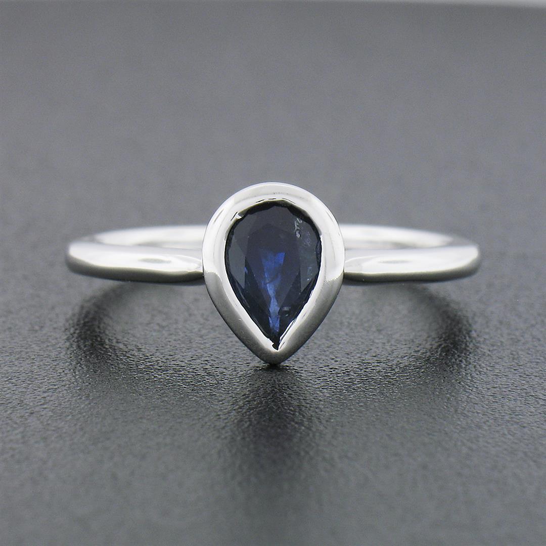 Simple Petite 14k White Gold 0.70 ctw Bezel Pear Dark Blue Sapphire Solitaire Ri