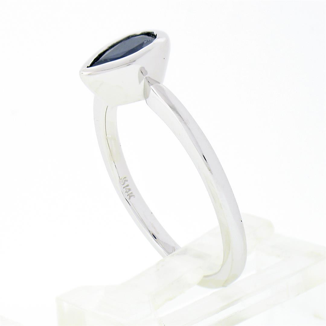 Simple Petite 14k White Gold 0.70 ctw Bezel Pear Dark Blue Sapphire Solitaire Ri