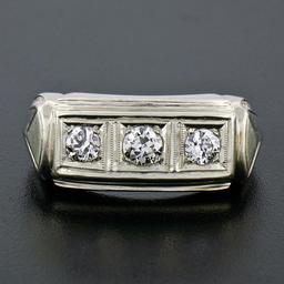 Men's Antique Art Deco 14K White Gold 0.75 ctw European Diamond 3 Stone Band Rin