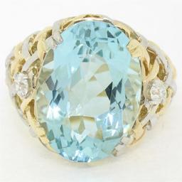 14k Gold & Platinum 19.49 ctw Large GIA Aquamarine & Diamond Basket Weave Ring